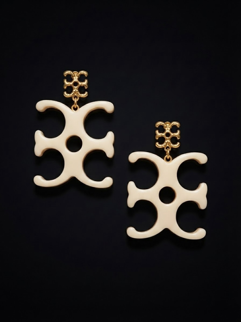 Cream Resin Drop Earrings with Gold Accents